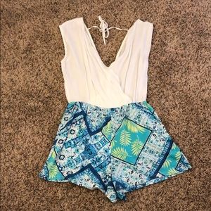 white, open back, v-neck romper